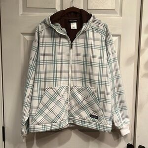 Patagonia brand size L zip front fleece lined jacket with hood & front pockets